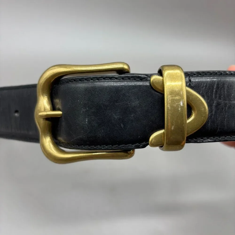 Vintage Fossil Y2K Black Full Grain Leather Belt Solid Brass Buckle Wmns Small